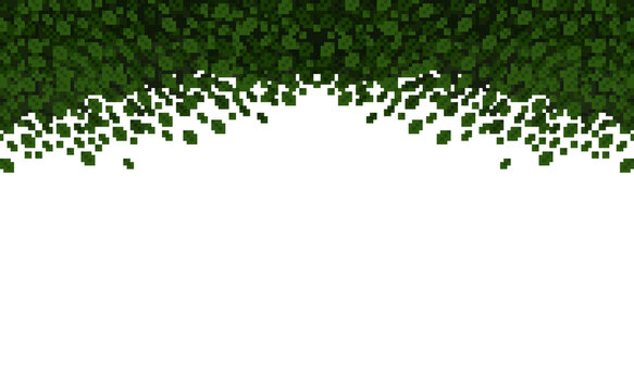 Pixel art border of hanging green leaves creating a natural curtain or frame. This retro 8-bit nature element is perfect for game backgrounds or overlays for jungle, forest, or park scenes.