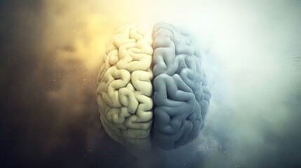 An artistic illustration of the human brain divided into hemispheres, symbolizing emotion and logic on a gradient backdrop. 