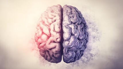 An artistic illustration of the human brain divided into hemispheres, symbolizing emotion and logic on a gradient backdrop. 