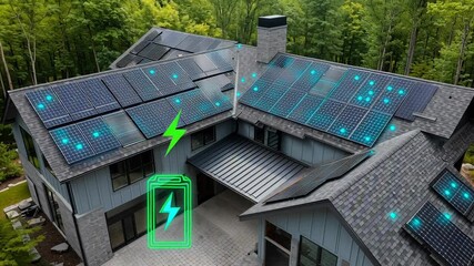 Solar Panel Graphic of a large modern house with multiple rooftop solar arrays and digital light effects, indicating energy generation and battery charging. - Powered by Adobe