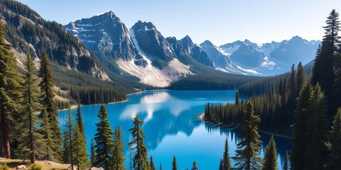 Vibrant blue alpine lake nestled among towering pine forests and snow-capped peaks under a clear sky, reflecting the serene mountain landscape,  serene,  mountains