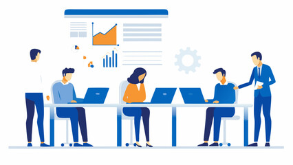Obraz premium Business people in a meeting presenting success concept with chart, graph, and laptop illustration