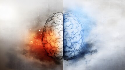 An artistic illustration of the human brain divided into hemispheres, symbolizing emotion and logic on a gradient backdrop. 