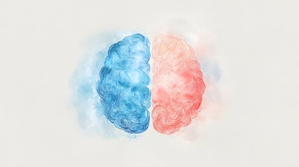 An artistic illustration of the human brain divided into hemispheres, symbolizing emotion and logic on a gradient backdrop. 