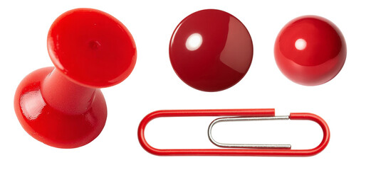 red pushpin, clips, and balls on white background