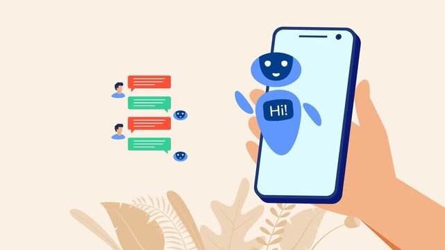Person using chatbot app on smartphone for customer service animation