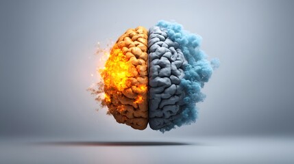 An artistic illustration of the human brain divided into hemispheres, symbolizing emotion and logic on a gradient backdrop. 