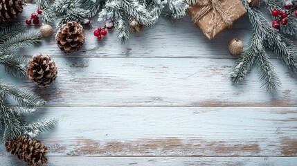 Christmas and New Year background with fir branches and snowfall on wooden white board
