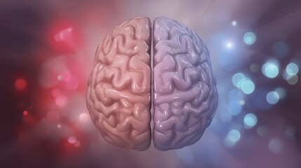 An artistic illustration of the human brain divided into hemispheres, symbolizing emotion and logic on a gradient backdrop. 