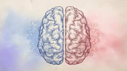 An artistic illustration of the human brain divided into hemispheres, symbolizing emotion and logic on a gradient backdrop. 