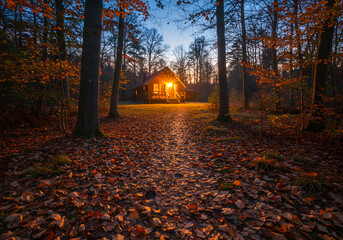Illuminated cabin in autumn forest