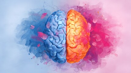 An artistic illustration of the human brain divided into hemispheres, symbolizing emotion and logic on a gradient backdrop. 