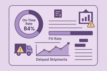 Data visualization of logistical performance metrics emphasizing on time rate 84 percent and delayed shipments analysis for enhanced supply chain management