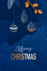 Merry Christmas and Happy New Year dark blue banner. Artistic watercolor navy blue background. Abstract Christmas background in blue tones