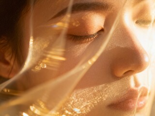 目を閉じた女性の顔と光り輝くベール