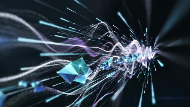 Abstract streamlike shapes with polygon objects blue  purple hues against a dark background