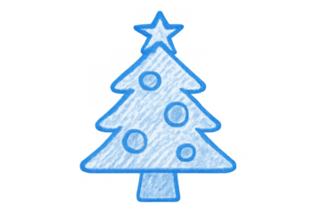 Blue christmas tree doodle with star and ornaments, festive holiday drawing for winter season celebration icon