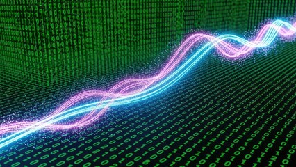 Dynamic digital data flow represented by glowing blue and pink energy waves over a binary code landscape.