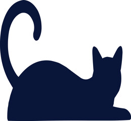 Dark blue silhouette of a cat with a curled tail on a white background