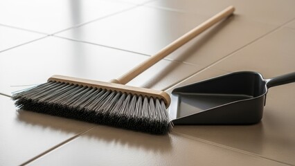 A broom with gray bristles rests on tan tiled flooring with a black dustpan alongside