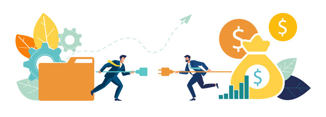 Two businessmen run towards each other with electric plug and socket to create more energy for financial profitability. Economic growth, deposit, gold dollar cents Vector illustration business concept
