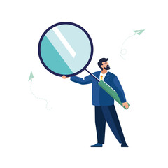 Businessman with magnifying glass in search of new business project and analyzes financial market, finance, people. Economic growth from stock market investment Flat design, poster Vector illustration
