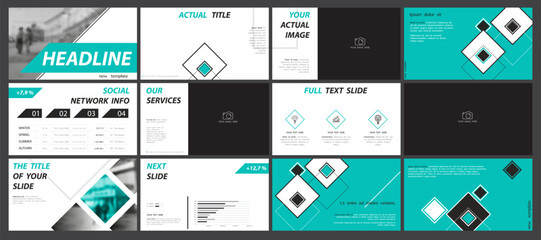 Business presentation template. Set, infographic elements, abstract green geometric design, white background. Office building, corporate photo, PowerPoint. Slideshow, annual report Vector illustration
