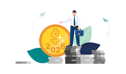 Business 2026. Happy businessman investor standing on pile of money, silver, gold dollar coins. Investment growth, profitability for new year 2026. people. Financial success. Vector illustration