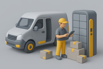Efficient delivery process with a delivery person managing packages in front of a secure locker while using a tablet interface showcasing modern logistics solutions
