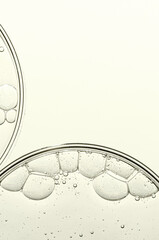 Cosmetic moisturizing gel or skin serum in a petri dish. Copy space