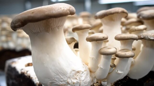 Close-up of clustering King Oyster mushrooms (Pleurotus eryngii), also known as King Trumpet mushrooms, growing on a cultivation bed. The healthy white fungi are ready for harvest. Concept of modern a