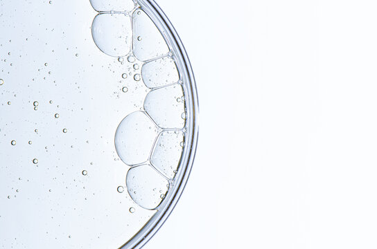 Cosmetic moisturizing gel or skin serum in a petri dish. Copy space