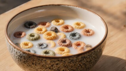 Colorful Cereal Rings Floating in Milk in a Bowl.