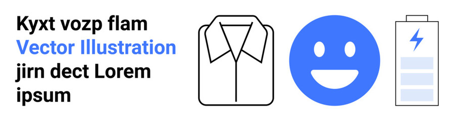 Branding, energy, productivity, fashion, emotion, marketing. Simple visuals including a shirt outline, happy face and battery icon. Branding and energy concepts