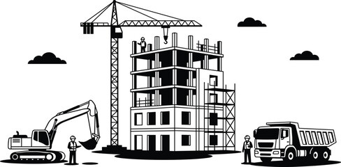 Construction site, building under construction, crane, scaffolding, excavator, dump truck, workers, black silhouette, heavy equipment, teamwork, vector illustrationConstruction site © HMAshikur
