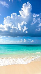 Fototapeta premium Beautiful tropical beach scene turquoise ocean meeting a sandy shore under a bright, cloudy sky