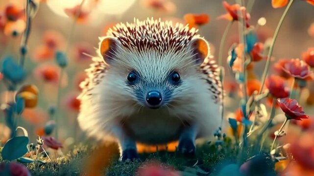 Hedgehog exploring a garden filled with colorful flowers and plants during the spring season in the morning light