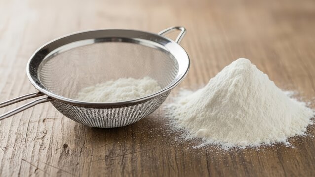 A silver strainer rests on a wooden surface next to a pile of flour