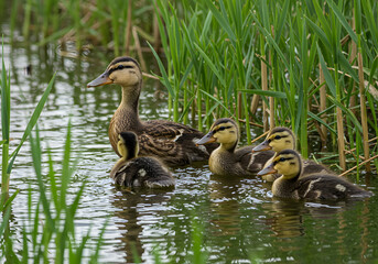 Obraz premium Mother duck and ducklings in pond