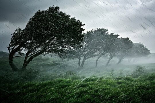 A fierce storm causes winds to howl and trees to sway.