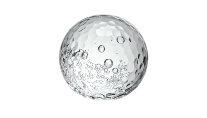 A clear, close-up view of a golf ball with water droplets and a textured surface