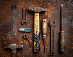Assortment of old, rusty tools arranged on a weathered, textured, dark, metal surface