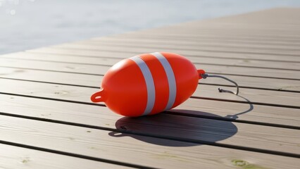 An orange buoy with white stripes rests on a wooden dock near water
