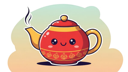 Cute Red Teapot with Steaming Spout and Adorable Face.