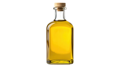 A clear glass bottle, filled with golden liquid, sealed with a wooden cork. Black background