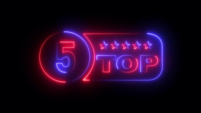 glowing neon top 5 star rating icon animation on black background. top 5 star customer product rating review icon. Symbol, advertising badge . 4k motion video animation .