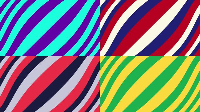 Animated four different sections of colorful striped designs create a dynamic and visually appealing animated pattern.