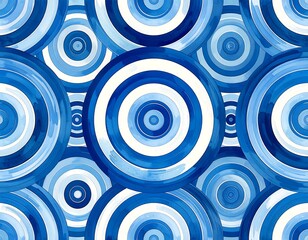 Blue and white concentric circles pattern creates a vibrant, abstract, watercolor design
