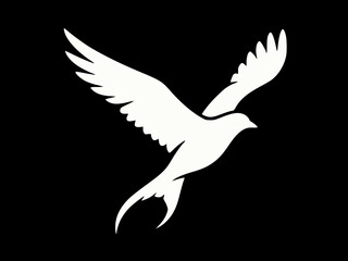 Minimalist white bird silhouette flying with open wings, isolated on a solid black background, symbolizing peace, freedom, and purity.