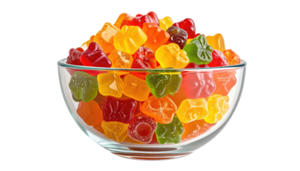 A clear glass bowl brimming with assorted colorful, gummy candy treats